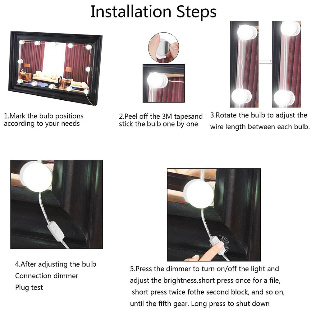 

10 LED Mirror Light Bulb Set USB Powered Makeup Mirrors Lamp for Bathroom Dressing Room Bedroom QJ888