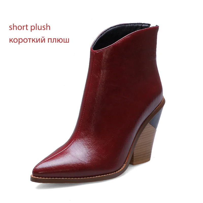 WETKISS/ковбойские ботинки из змеиной кожи женские ковбойские пинетки на высоком каблуке; деревянная обувь женская обувь с острым носком женская зимняя обувь; большой размер 44 - Цвет: Red wine thin fur