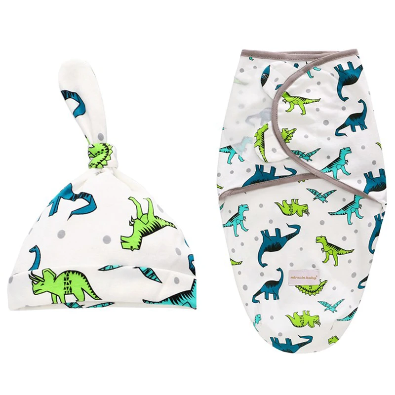 LAT 2 Pieces Set Newborn Swaddle Wrap +Hat Cotton Baby Receiving Blanket Bedding Cartoon Cute Infant Sleeping Bag For 0-6 Months
