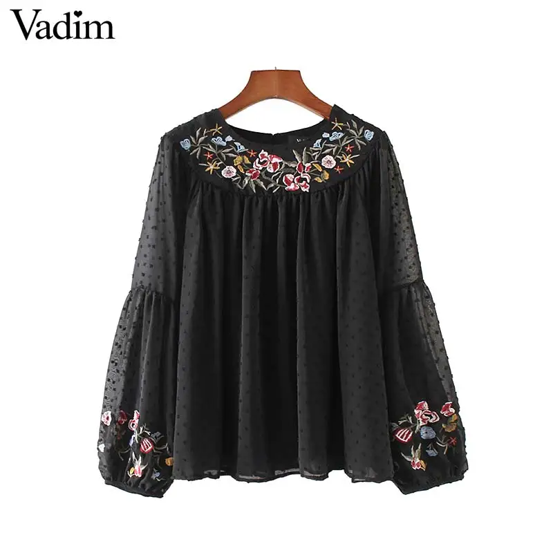 Vadim, женские шифоновые рубашки с цветочной вышивкой, плиссированные, с рукавом-бабочкой, винтажная черная блузка, Женские повседневные топы, blusas LT2138