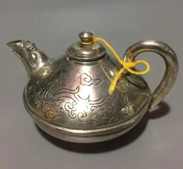 

China collection archaize white copper carving dragon teapot craft statue