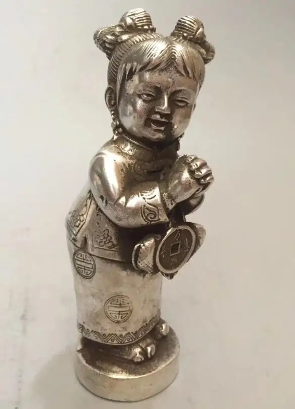 

Collectible archaize white copper jade girl statue