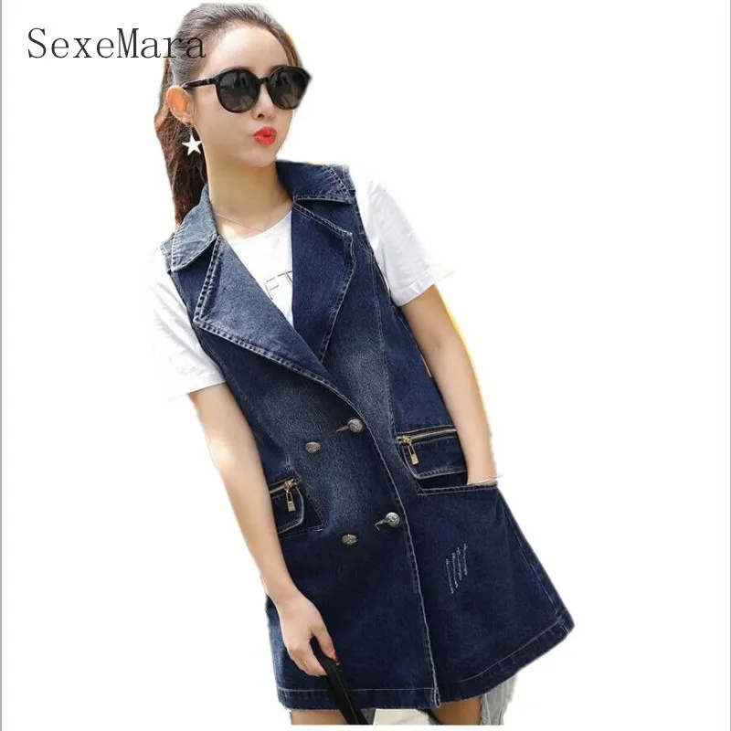 Women Long Denim Vest Coat 2018 New Spring Summer Fashion Vintage Double Breasted Sleeveless