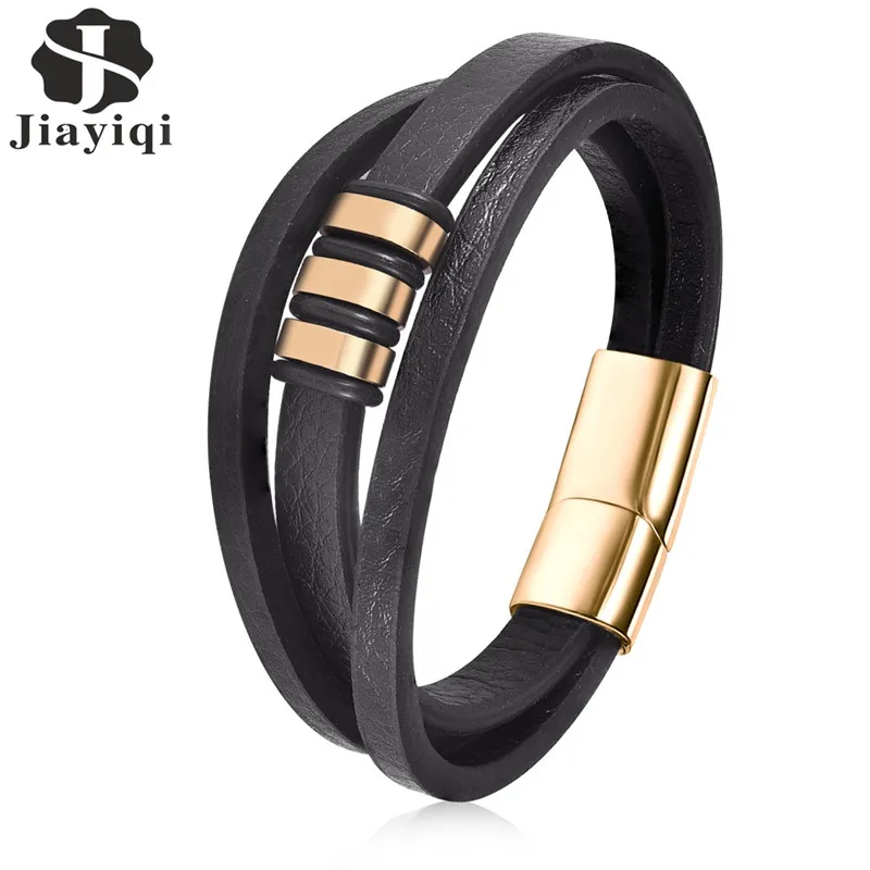 

Jiayiqi Punk Multilayer Braided Leather Charm Bracelet Stainless Steel Magnetic Clasp Fashion Bangles Men Jewelry