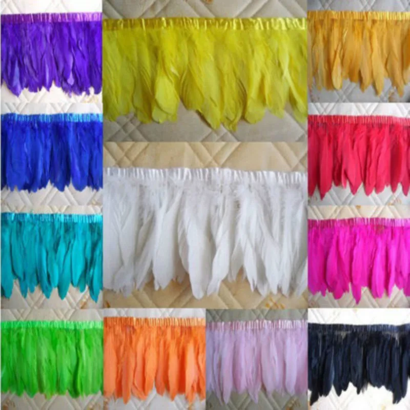 

Hot Selling 10 Colors for Choosing Goose feather trims 1 meter/lot Dyed geese feather ribbons 15-20cm Duck feather fringes