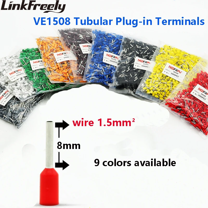 

1000pcs E1508 VE1508 Tubular Insulated Electrical Wire Terminal Lug Connector Faston Cable Splice Crimping Terminal Pin Sets