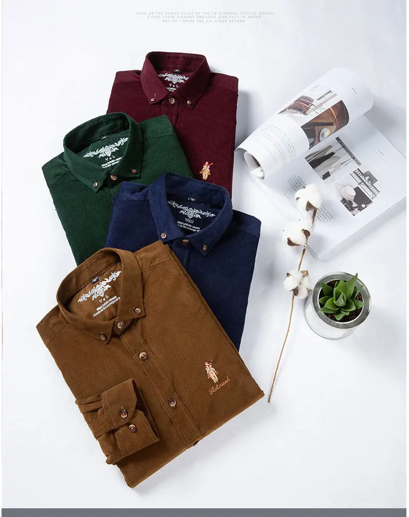 Casual Men's Standard-fit Long-Sleeve Corduroy Shirt Cotton Classic Button-Down Silhouette Embroidered Mens Dress Shirts 6001 (1)