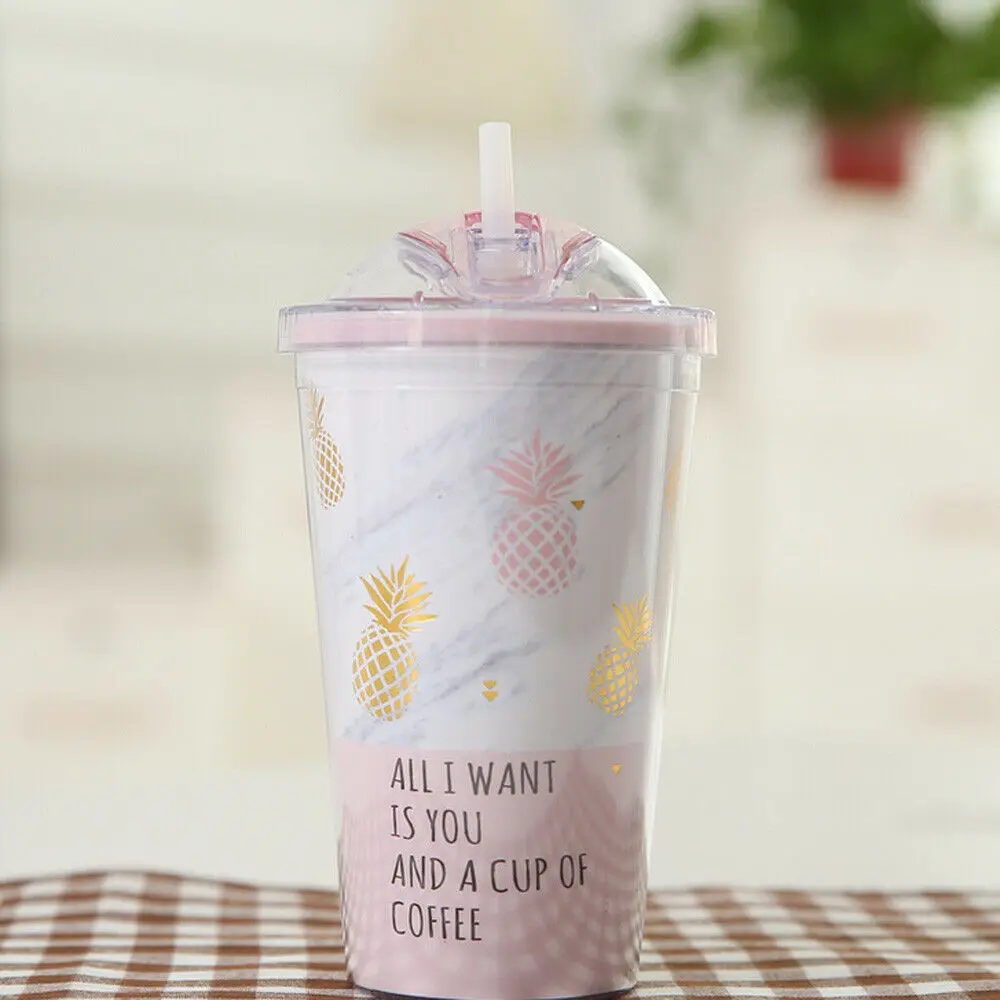 

New 420ML Travel Cup Mug Double Plastic Pineapple Design Coffee Waterbottle Gift Slide Double Plastic Straw Pineapple Cup