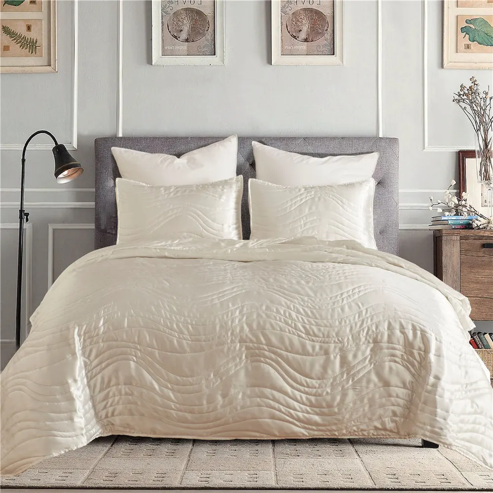 

Luxury Quilted Silky Coverlet Bed Cover Set Wave Pattern Quilt Comfortable US Queen Adults White Bed Spread Bedspread Set