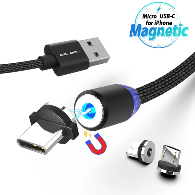 Светодиодный магнитный кабель Micro usb type-C для телефона samsung huawei Xiaomi, 1 м, 2 м, 2 А, Магнитный зарядный кабель для телефона, 2 метра