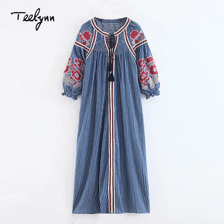

TEELYNN blue stripes Boho dress cotton floral Embroidery puff sleeve loose autumn Ukraine dresses Casual Hippie dress for women