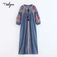 TEELYNN blue stripes Boho dress cotton floral Embroidery puff sleeve loose autumn Ukraine dresses Casual Hippie dress for women