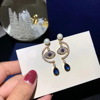 

XF Copper Classical Evil Eyes Dangle Earring Blue Eyes Pearl Design Cool S925 Ear Pin Women Wedding Jewelry
