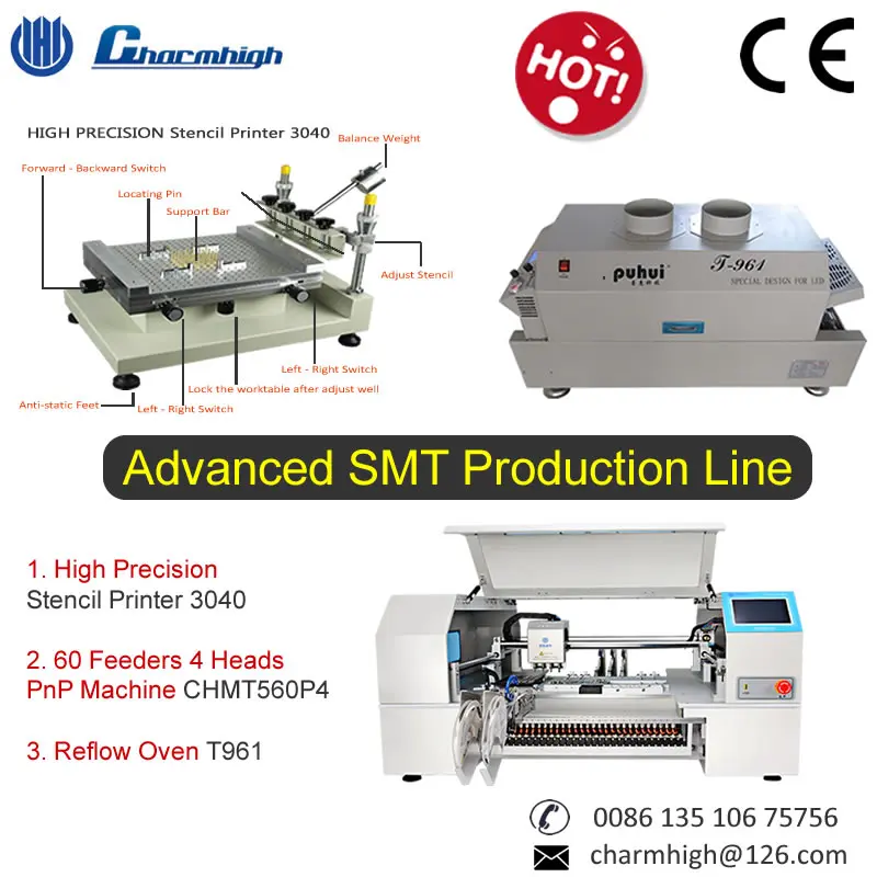 

Discount SMT Batch Production line: 3040 Stencil Printer/ CHMT560P4 Pick and Place Machine chmt560p4 / T961 Reflow Oven