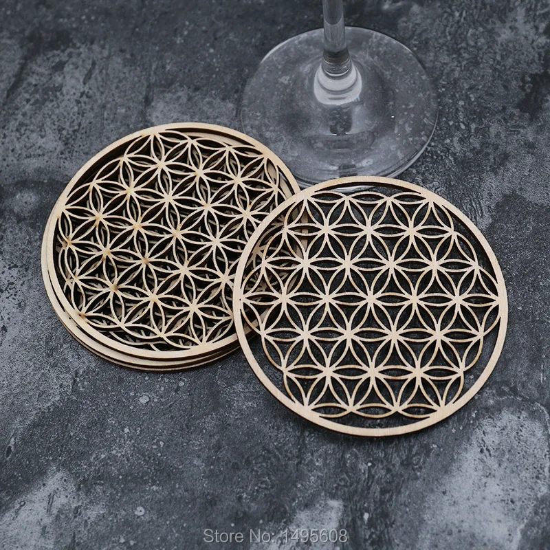 Flower Of Life Wooden Coaster Crystal Grids Drink Holder Wood Gift Water Harmoniser Spiritual Wooden Beverage Beer mat wooden coaster