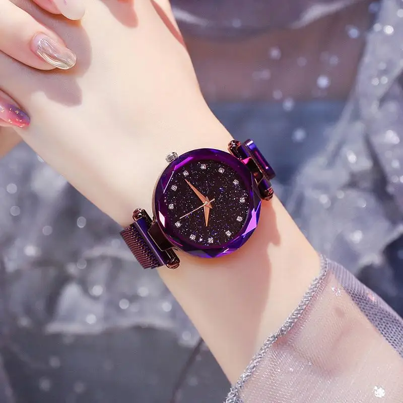 Простые роскошные женские часы с бриллиантами, звездное небо, розовое золото, магнит, сетчатый ремешок, стразы, кварцевые наручные часы, женские часы