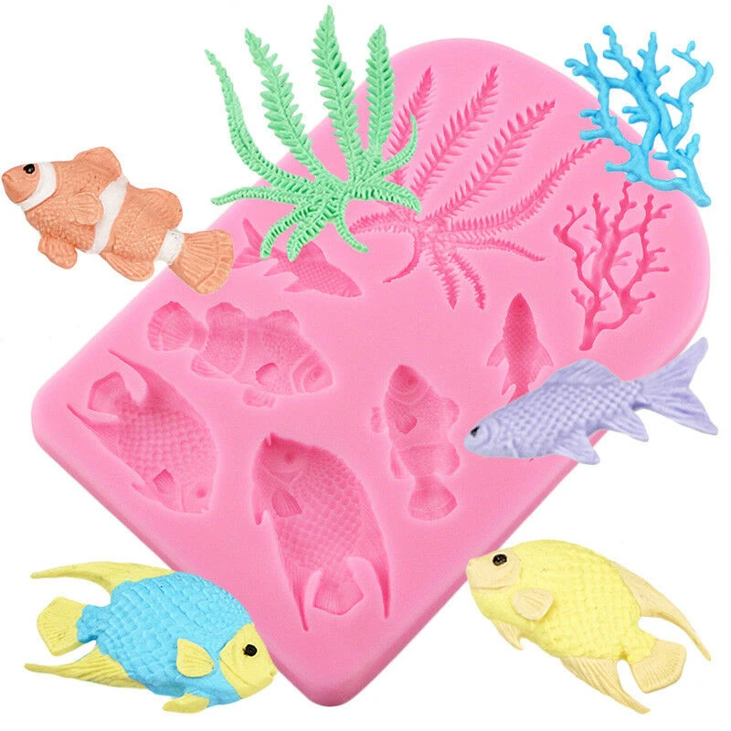 

Cute Fish Seaweed Silicone Mold DIY Birthday Border Fondant Cake Decorating Tools Sea Coral Cupcake Chocolate Kids Child Moulds