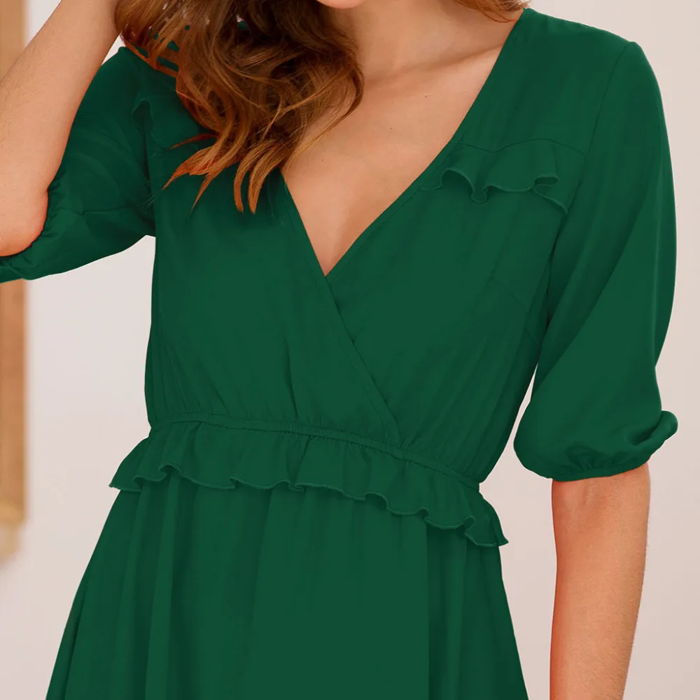 2019 summer sexy woman casual solid short-sleeved beach dress cotton pleated deep v-neck loose pretty beach dress long 40J3 (20)