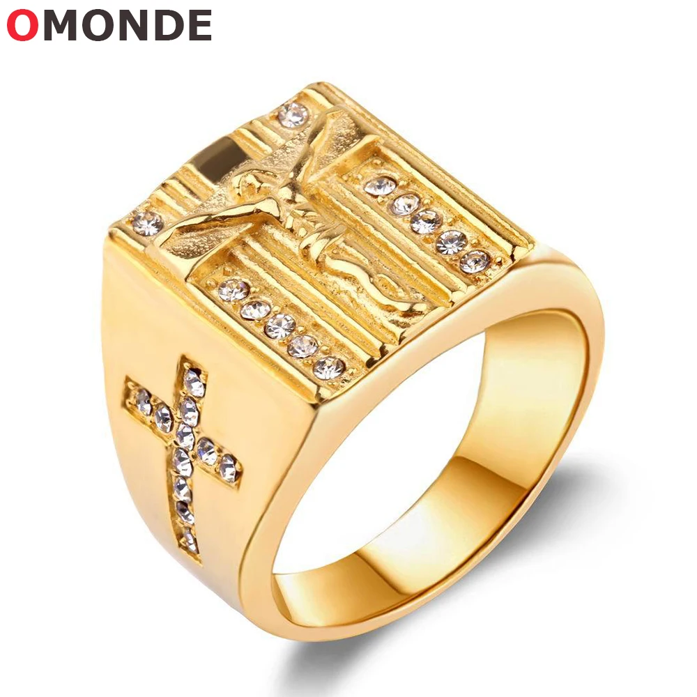 

Jesus Cross Ring Men Gold Color Titanium Stainless Steel Male Christian Faith Prayer Crucifix Bless Jewelry with Zircon Stone