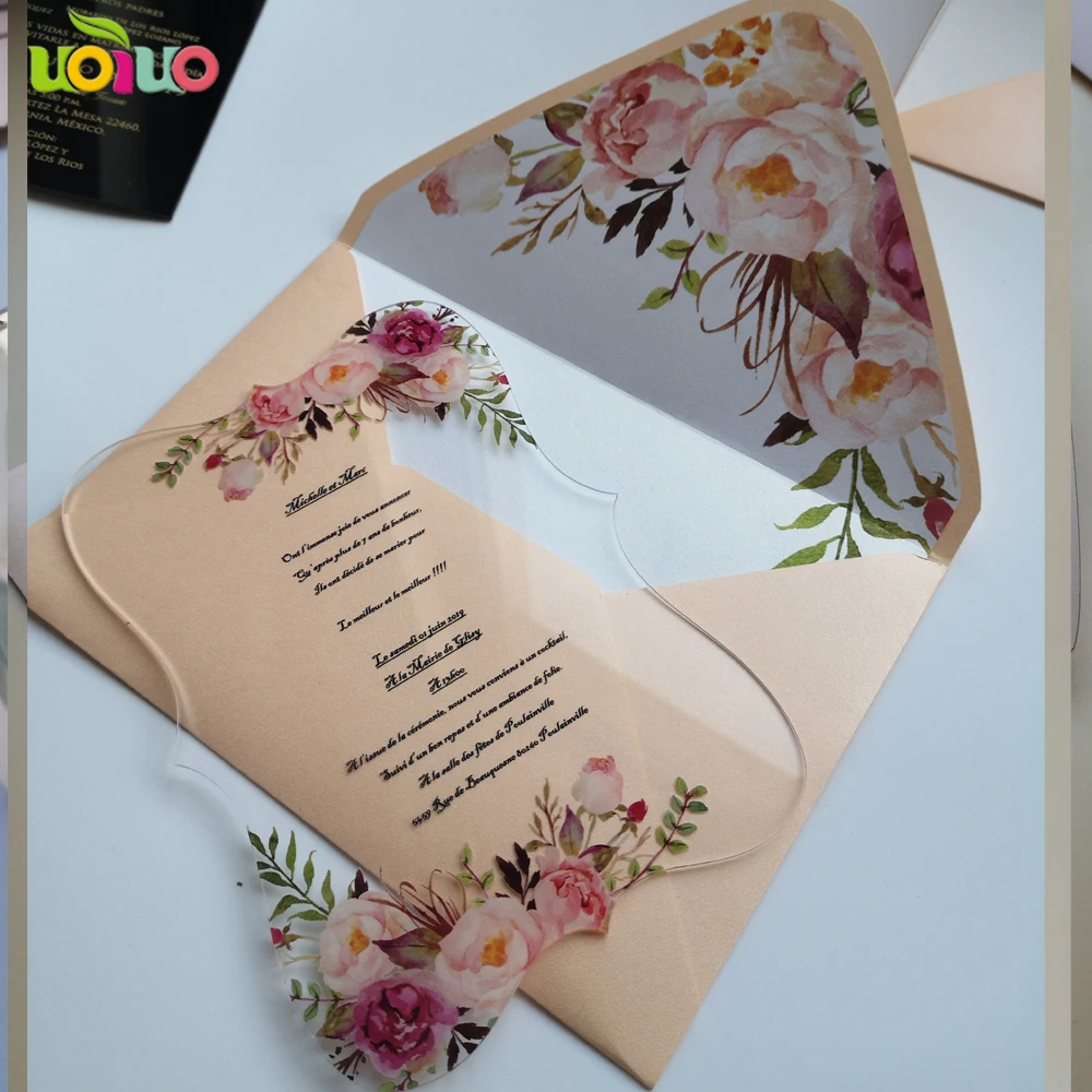 

10pcs popular elegant wedding invitation card flower design clear acylic invitations with flower envelop personalize text