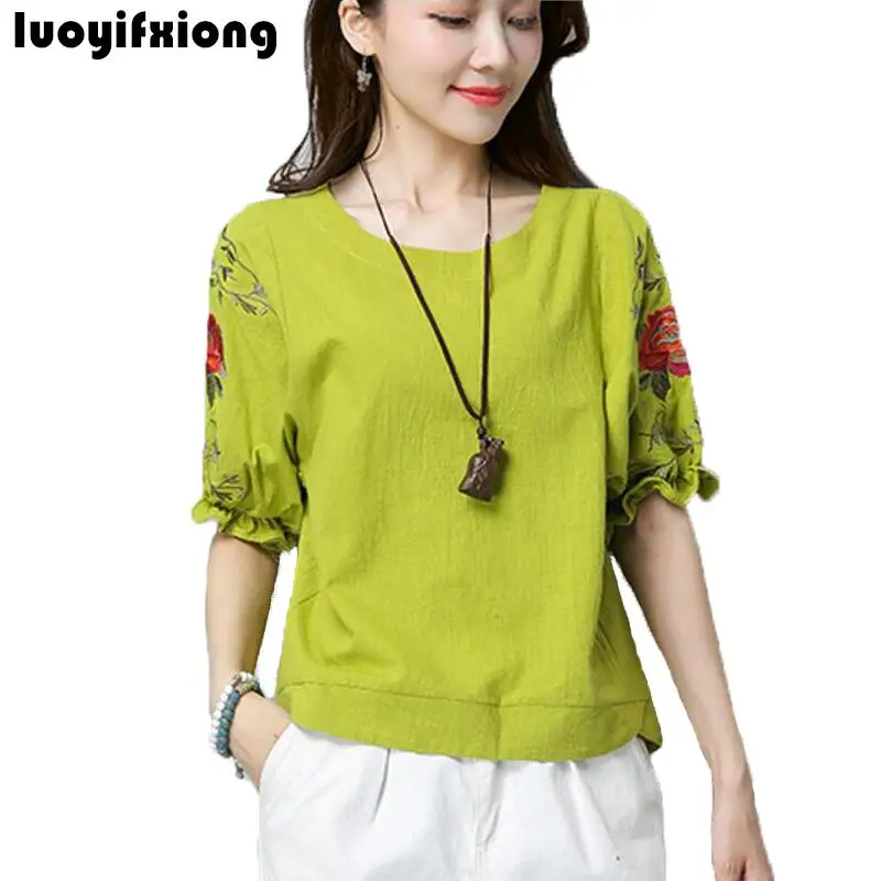 Acheter Luoyifxiong D été À Manches Courtes Floral Broderie Coton Lin Femmes Tops et Blouses Lâche Occasionnel Blouse Femmes Chemise 2018 Nouveau