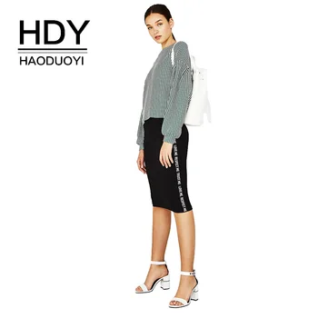 

HDY Haoduoyi Irisie Women Knee Length Skirt Commuter Side Stitching Letter Side Flexible Brief Summer Autumn Buttocks Skirt