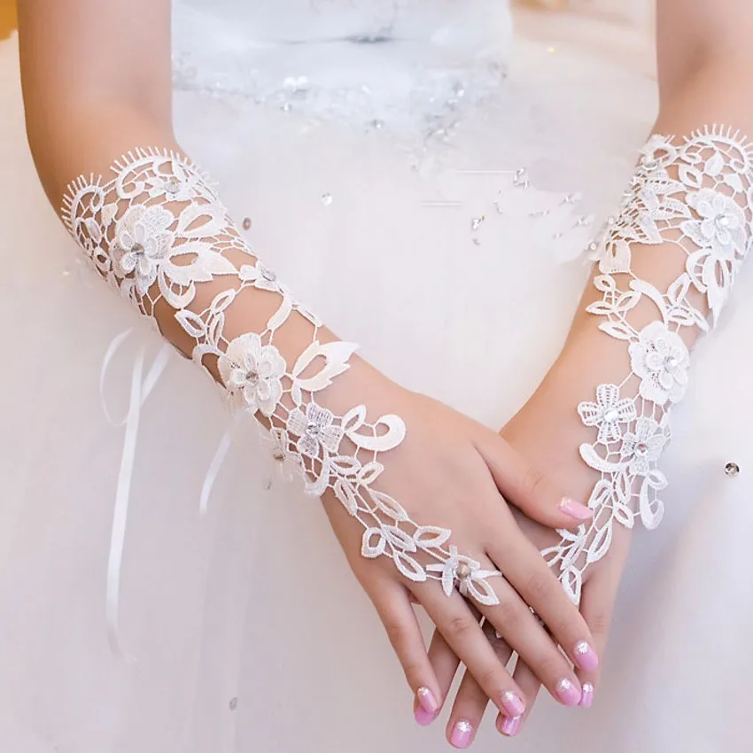 Кружевные Цветы Свадебные перчатки для невесты Кристаллы без пальцев длинные перчатки для невесты цвета слоновой кости женские свадебные аксессуары