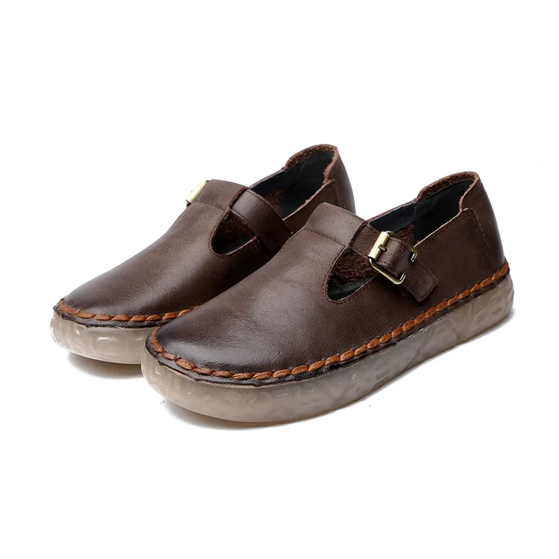 

High Quality Women Genuine Leather Shoes 2019 Handmade Vintage Flats Casual Shoes Lady Buckle Comfortable Loafers Shoes