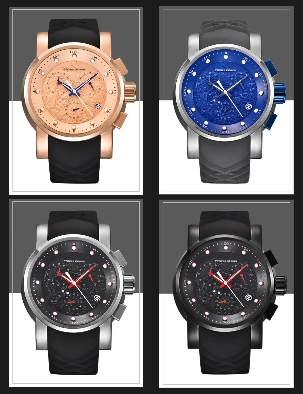 Лидирующий бренд, популярные мужские кварцевые часы, PAGANI Дизайн, китайский дракон, календарь, силиконовый ремешок, многофункциональные водонепроницаемые часы с хронографом