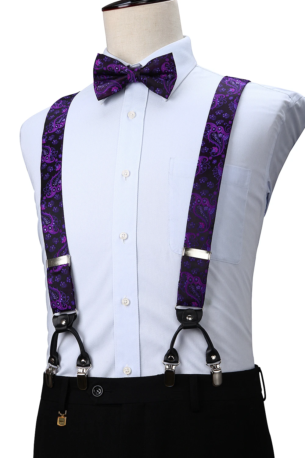 

Men Fashion Paisley Party Wedding Various 6 Clips Suspenders Pre-tied Bowtie PocketSquare Set Adjustable Braces S04