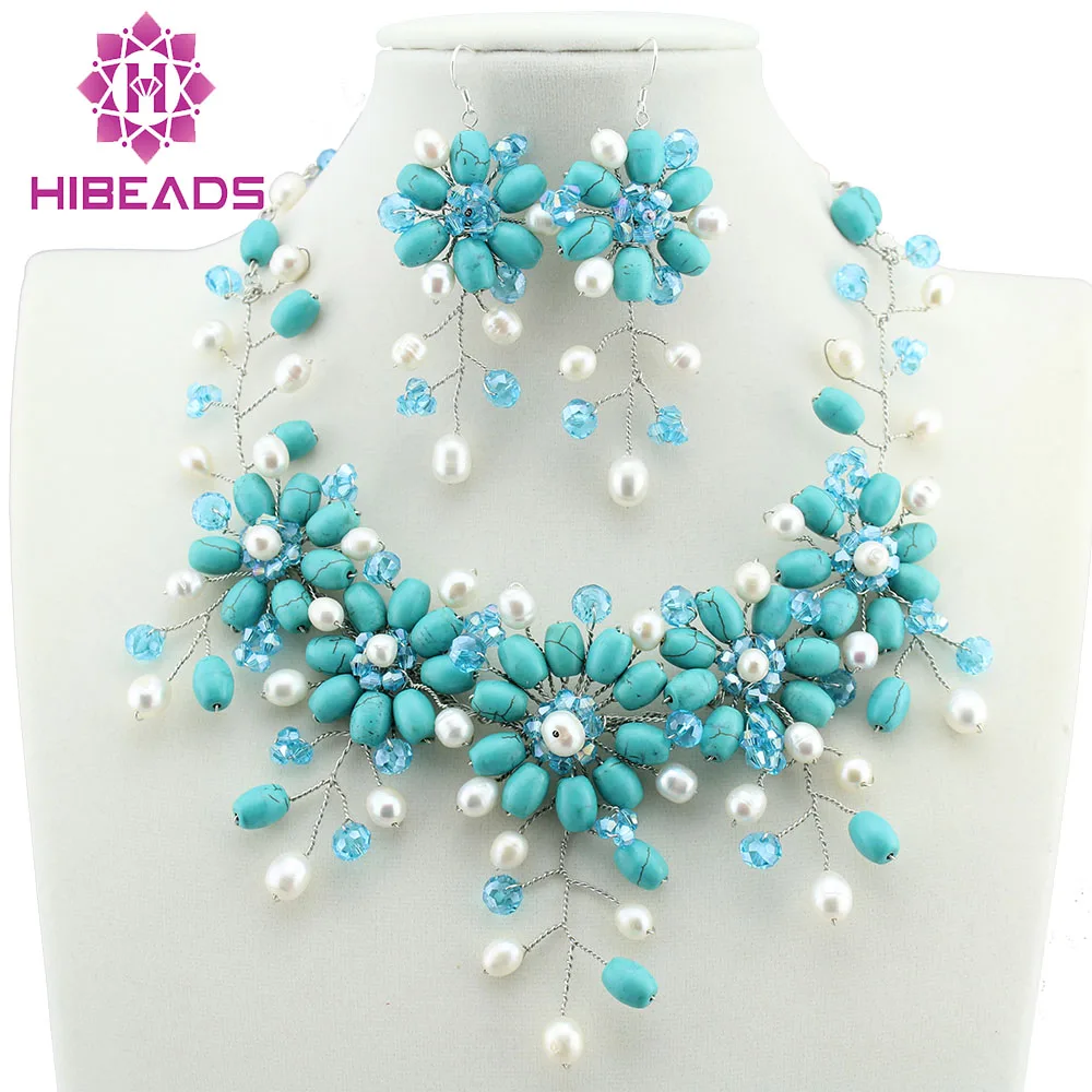 Pretty Handmade Flower Assorted Stone Necklace Earrings Set Romantic