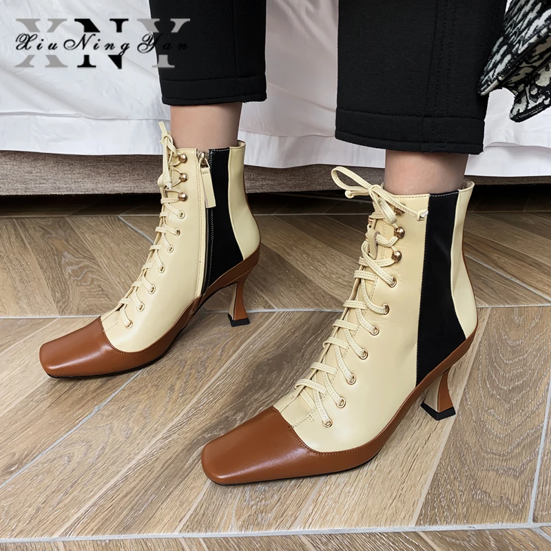 

New Arrival Fashion Women Ankle Boots for Chunky Low Heel Lace Up Genuine Leather Mixed Colors Smoking Boots Females Shoes Woman