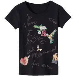 2018 летняя футболка Женская Цветы буквы бисерные Алмазные Футболки женские Топы Футболка Femme новая harajuku Женская футболка 3XL