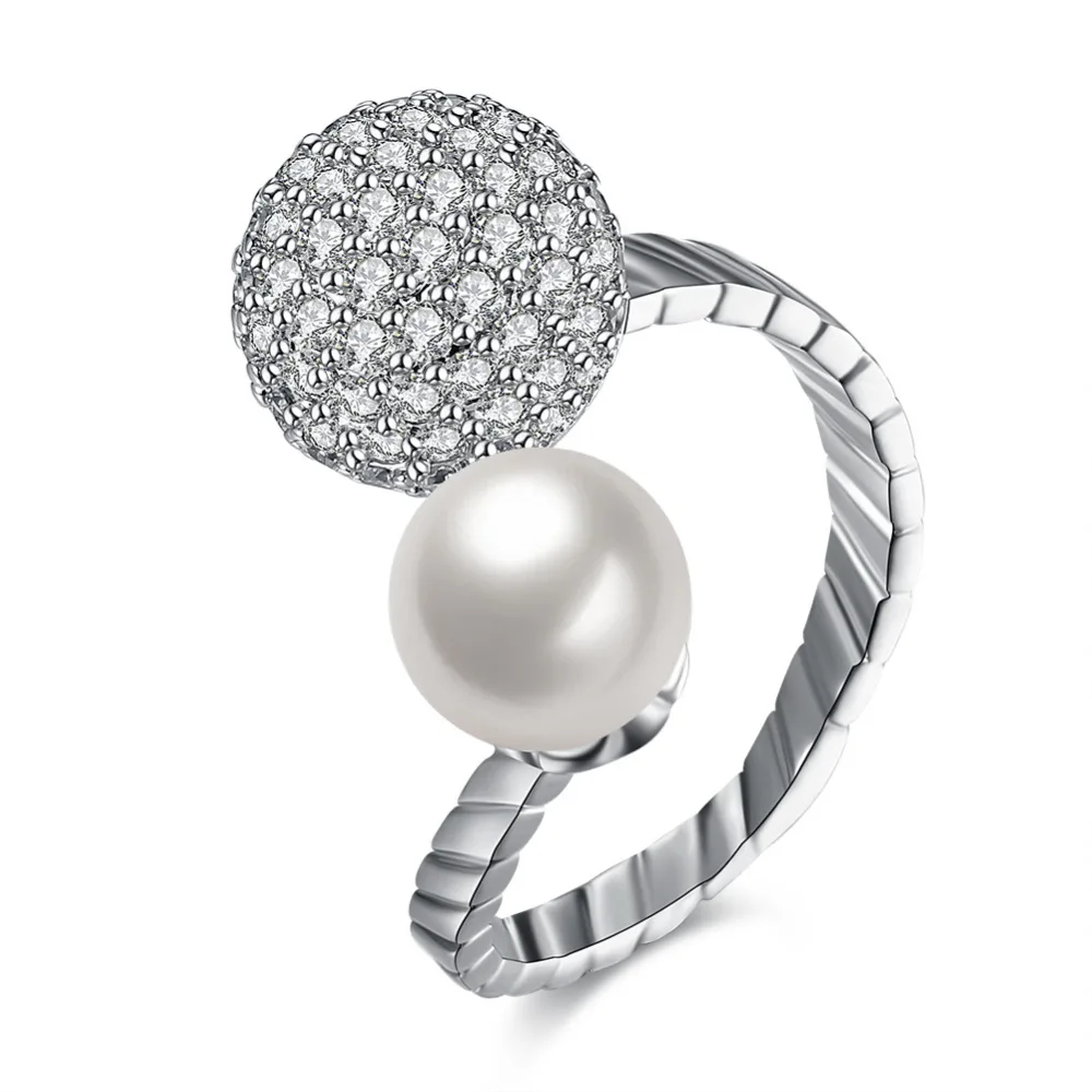 

Trendy White Austrian Crystal Ball Imutation Pear Rings Adjustable Jewelry Korean Fashion silver Party Rhinestone Finger Ring