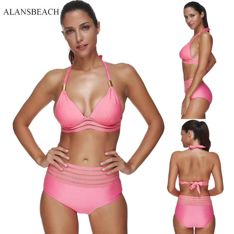 ALANSBEACH Solid Pink Swimsuit Women Swimwear Sexy Swimwear Bathing Suit Girl Bodysuit Bikini Sets AB00317