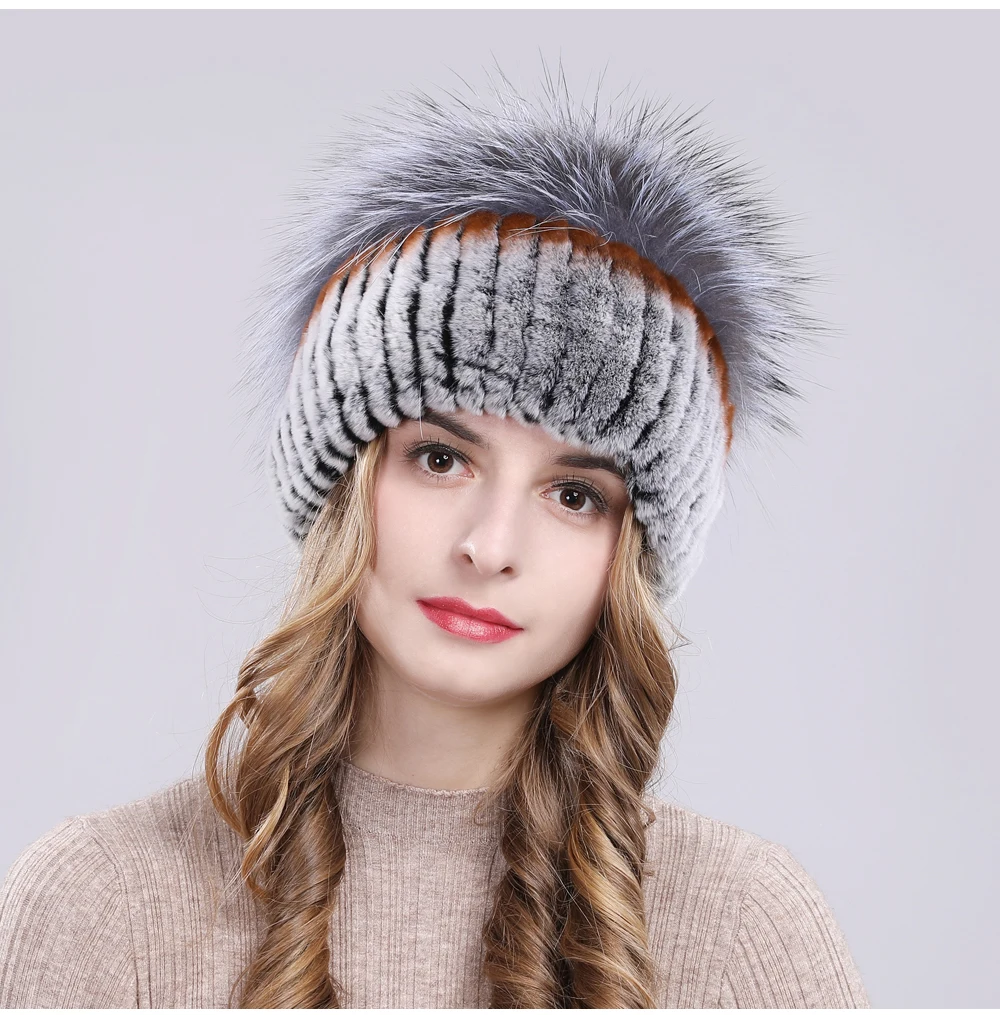 Outdoor Women Warm Soft Genuine Rex Rabbit Fur Hat Knitted Natural Real Sliver Fox Fur Caps Winter Real Rabbit Fur Beanies Hats