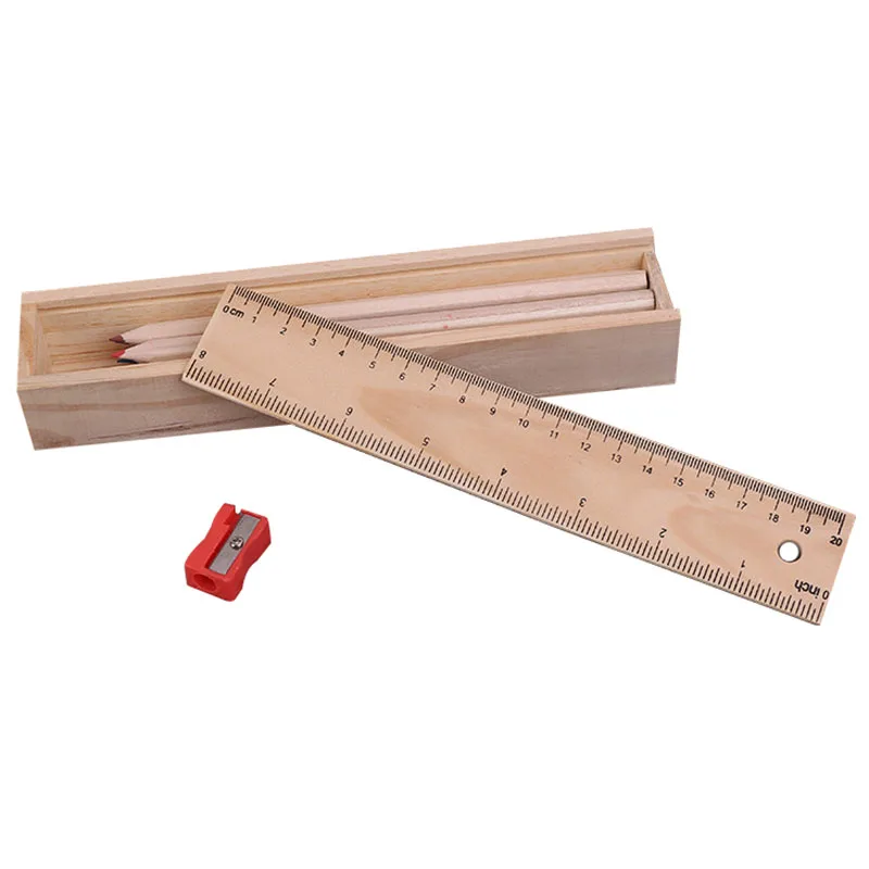

Wood Pencil Case Box Colour Pencils + Wooden Sharpener Ruler Sketching Set Art Artist School Drawing
