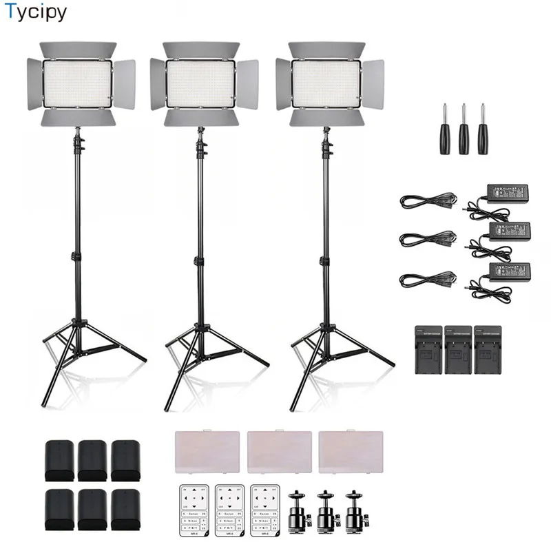 

Tycipy Dimmable KM-600 3SETS LED Video Studio Photo Light for Nikon Camera Camcorder With 6batteries and light stand