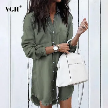 

VGH Summer Casual Denim Long Length Shirt Women Lapel Long Sleeve Tassel Button Hem Asymmetrical 2020 Blouse Female Fashion New