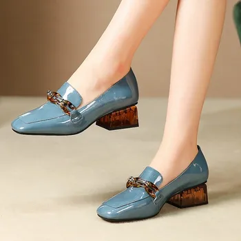 

MLJUESE 2020 women pumps cow leather autumn spring chains blue color square toe high heels lady shoes party size 34-42