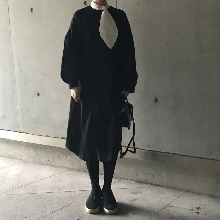 

Dark Style White Tie Black Dress Puff Sleeve Spring Autumn Cool Lady Dress Robe Femme Vestido Mujer Vestiti Donna