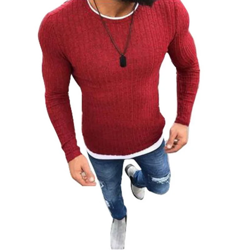 

MJARTORIA Men's Spring and Autumn Solid Color Fashion Casual Long Sport Sleeve Pullover Round Neck Splicing Slim Thin Sweater