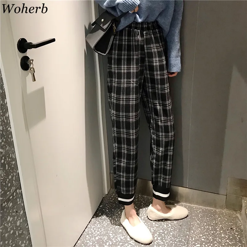 Woherb повседневные клетчатые штаны для женщин корейские свободные прямые Джоггеры для девочек Harajuku уличная одежда винтажные брюки длиной до щиколотки 22681