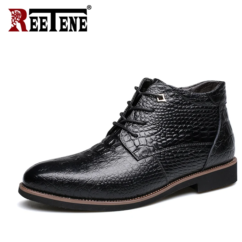 

REETENE 2019 Winter New Solid Color Business Plus Velvet Leather Boots Men Casual Leather Boots Large Size Warm Men's Snow Boots