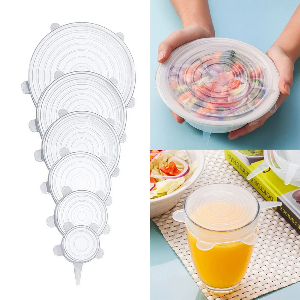 

6pcs/3pcs Reusable Silicone Fruit Food Fresh Keeping Lids Kitchen Silicone Stretch Lids Microwave Bowl Food Fresh Keeping Cover
