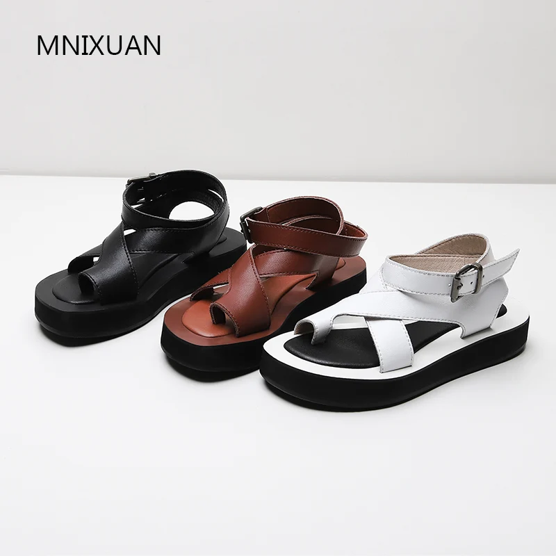 

MNIXUAN Rome fahsion gladiator sandals summer women black shoes 2019 new flat platform genuine leather medium heels size41 42 43