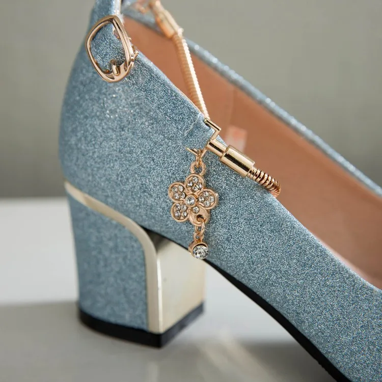PXELENA/женские свадебные туфли на высоком каблуке; Цвет серебристый, синий; коллекция года; сезон весна; туфли-лодочки с ремешком на щиколотке, украшенные кристаллами, на массивном квадратном каблуке; женская обувь размера плюс