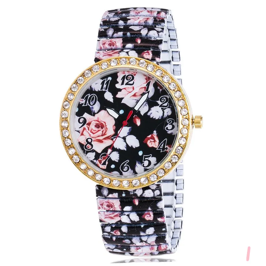 Эластичные часы с цветочным принтом для женщин, модные красивые часы с цветочным принтом из нержавеющей стали, повседневные женские наручные часы, reloj mujer
