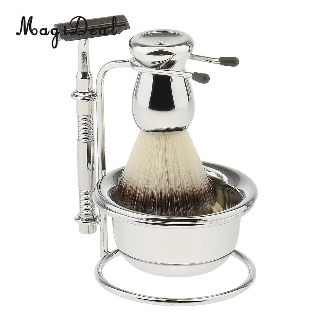 MagiDeal Mens Beard Grooming Kit with Shaving Brush Straight shaving Razor Bowl Safety Stand Men Facial Beard Cleaning 