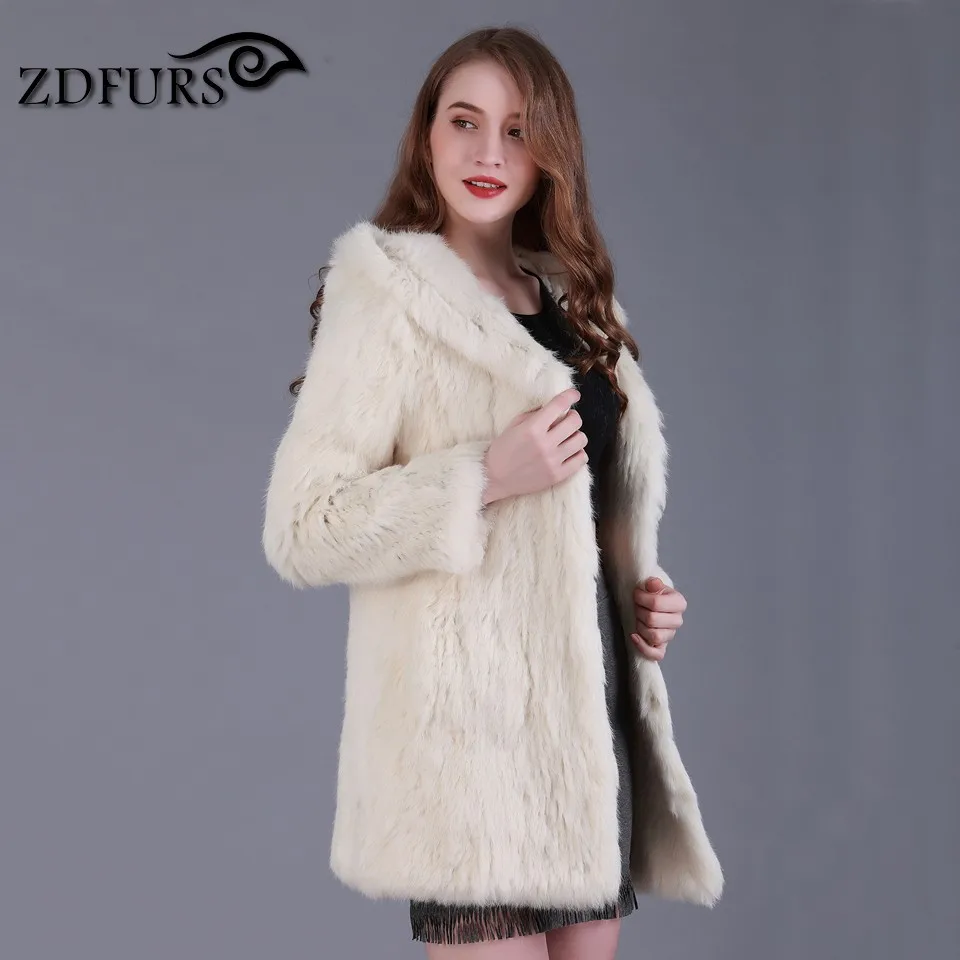 ZDFURS * Новинка ручная работа вязаное пальто из кроличьего меха с капюшоном длинная